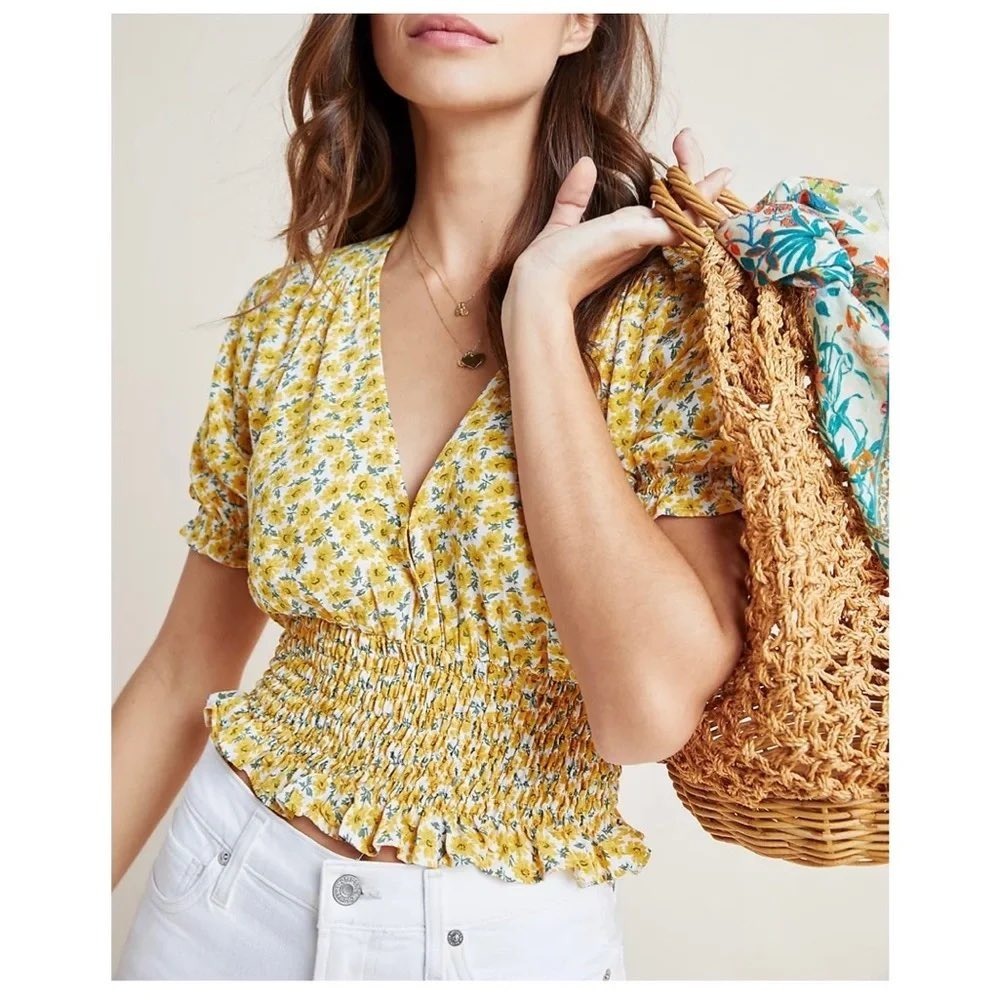 Faithfull The Brand Top M Yellow Floral Smocked V-Neck Short Sleeve Blouse